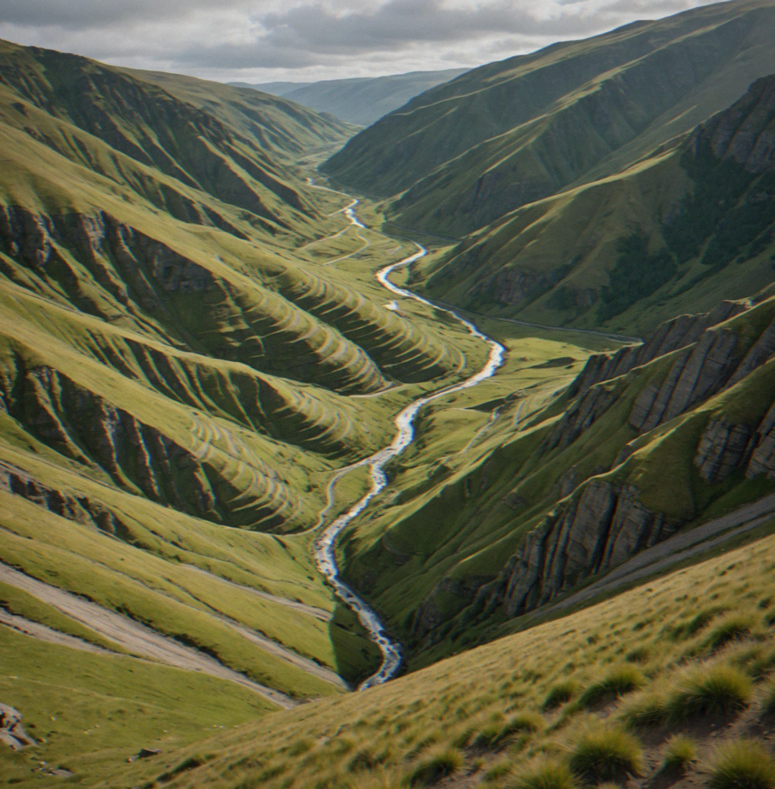 Steep hillside with clearly visible erosion patterns and water channels carved into earth, vegetation sparse on high slopes and dense in valleys, no UI overlays