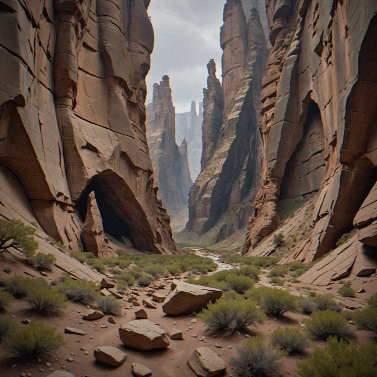 Intricate canyon system with multiple named peaks visible at different distances, natural arch formations creating landmark features, architectural precision evident in natural stone arrangement