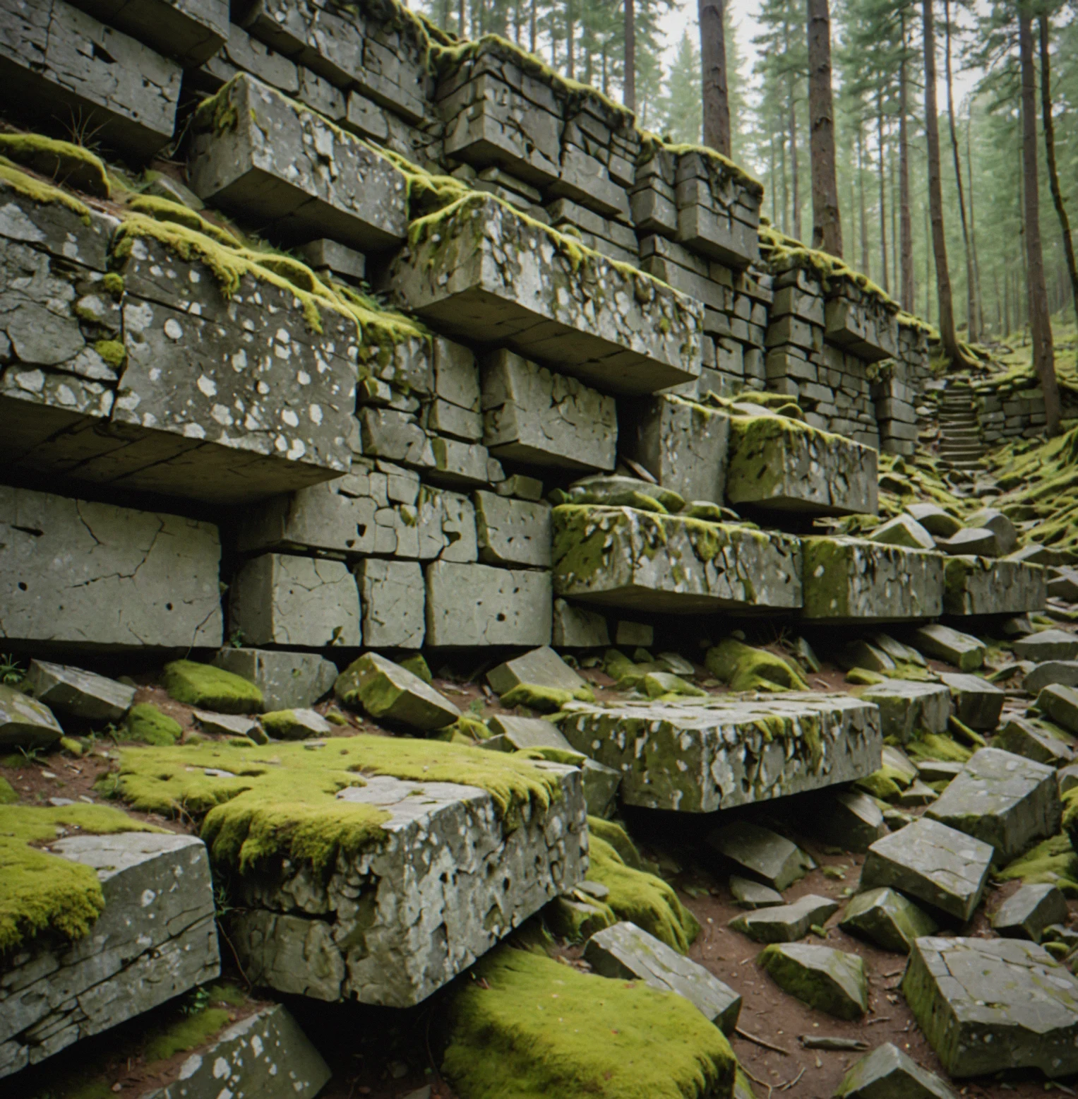 Weathered stone foundation walls forming rectangular patterns, scattered artifacts and building debris suggesting abandonment, lichen growth indicating age and climate exposure