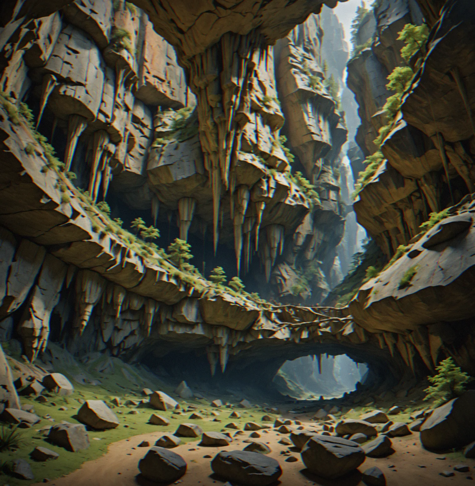 Network of interconnected cave passages with distinctive geological markers—stalagmite formations, color variations in rock, ceiling height changes—all visible but unnavigated by UI tools