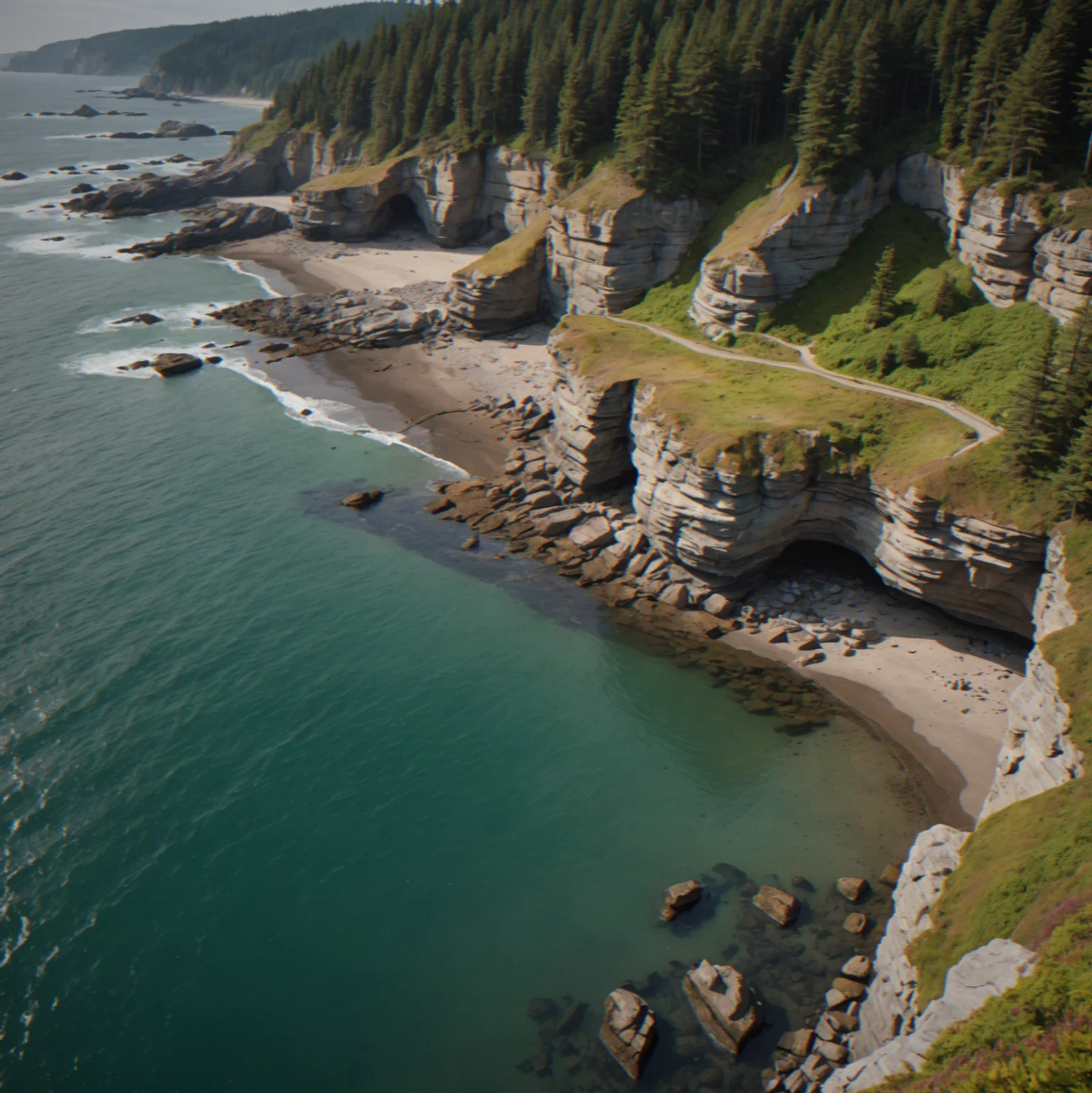 Coastal cliff system with natural alcoves and tidal pools, each geological feature distinct and observable without overlay assistance, clear sight lines to multiple exploration routes