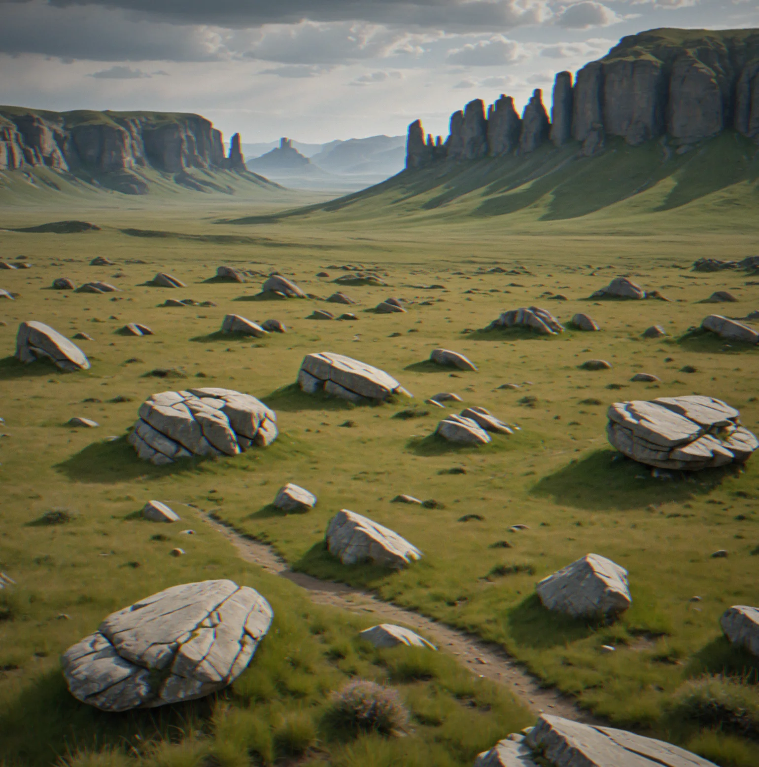 Expansive grassland with scattered distinctive rock formations creating natural waypoints, distant mountain range establishing directional reference, tree clusters marking terrain transitions without path indicators