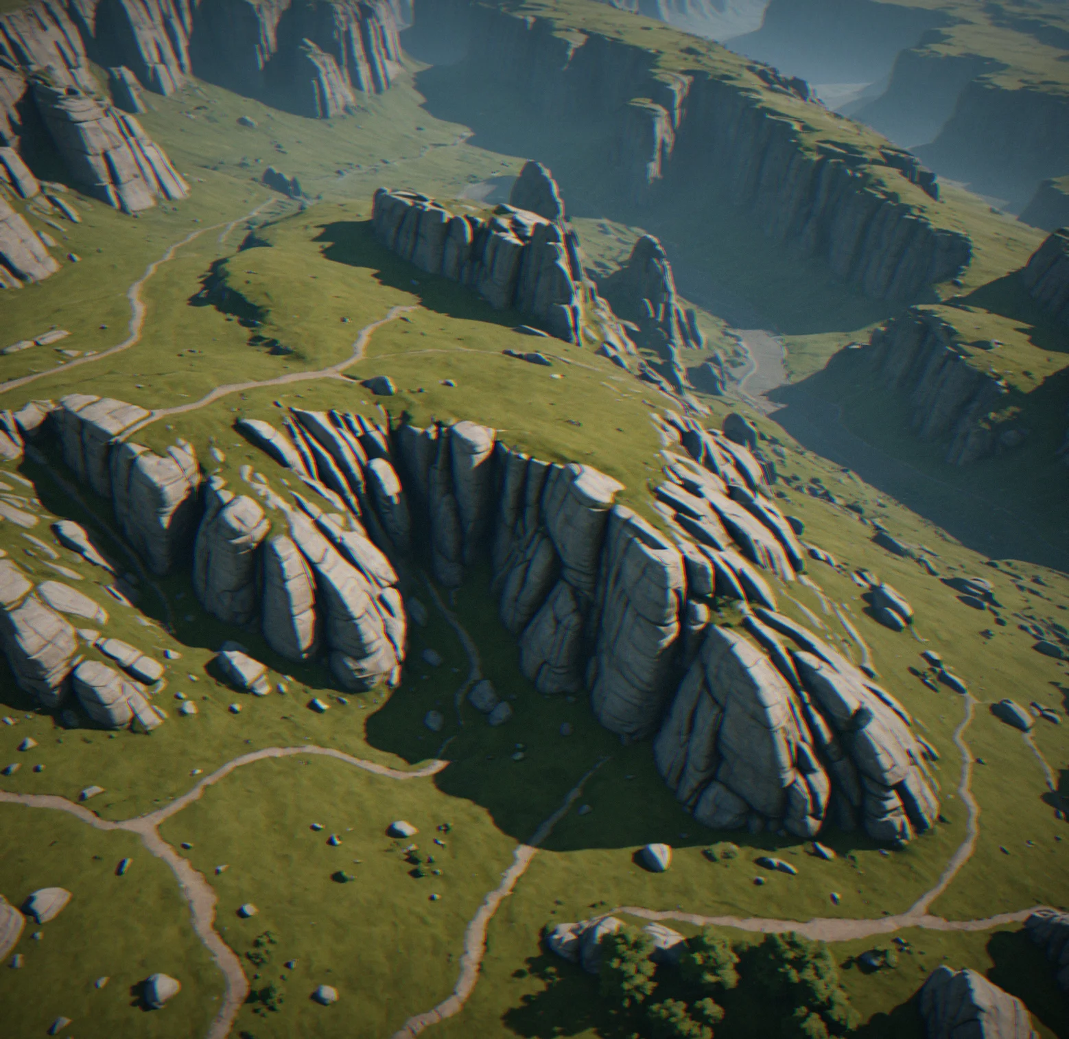 A wide rocky plateau with deep crevasses carved through the stone. You can see cliff edges at different distances stretching out. Nothinv on screen except the landscape itself—no UI, no minimap.