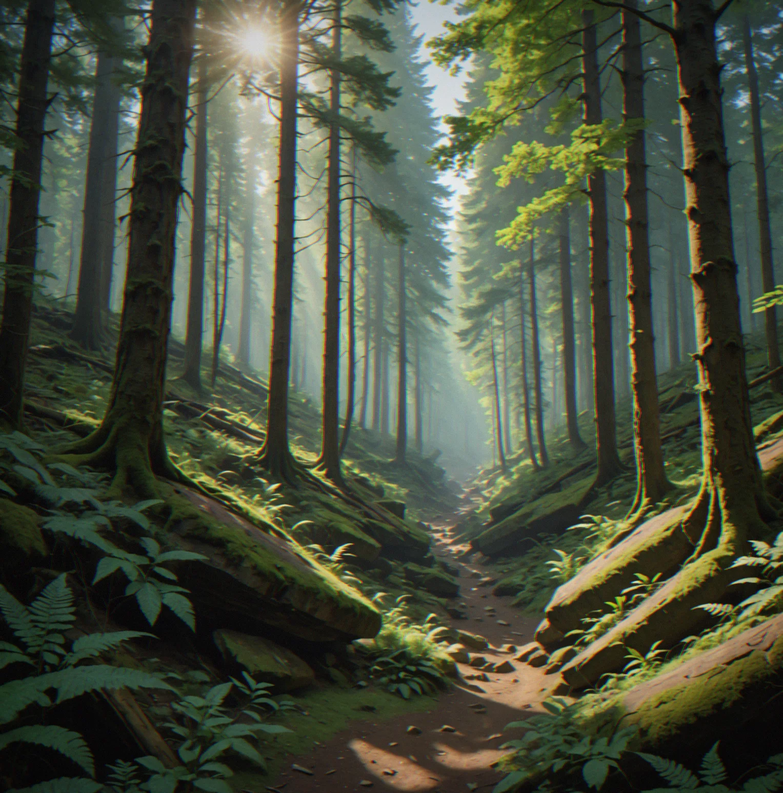 Thick forest with light coming through the canopy in layers. Below all that vegetation is a narrow ravine, though you'd have to look carefully to spot it. No trail markers or anything telling you which way to go.