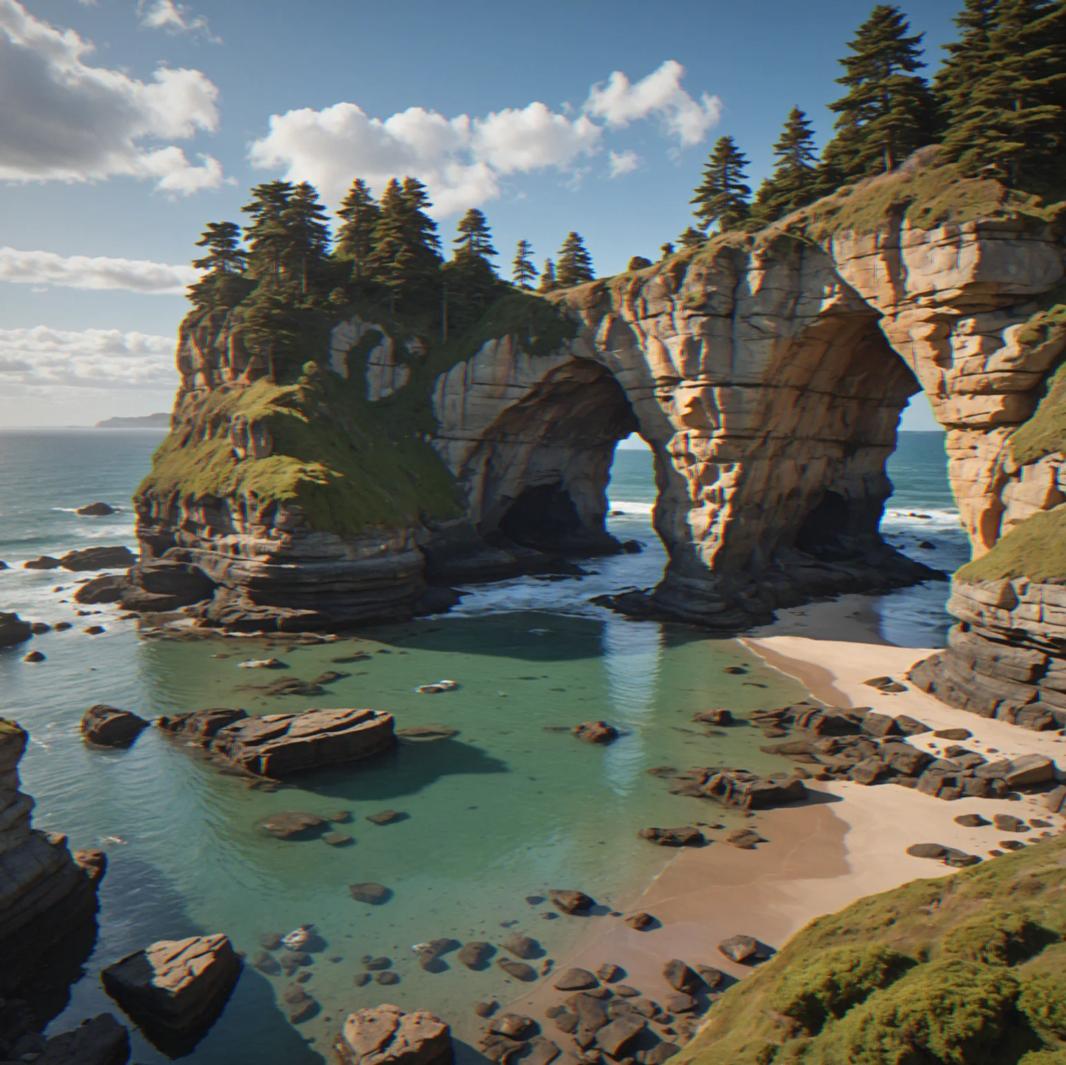 Cliffs dropping down to the coast, shaped by waves over time into alcoves and natural arches. Tidal pools scattered across different levels, each one mirroring the sky. The scene stands alone without a compass or waypoints.