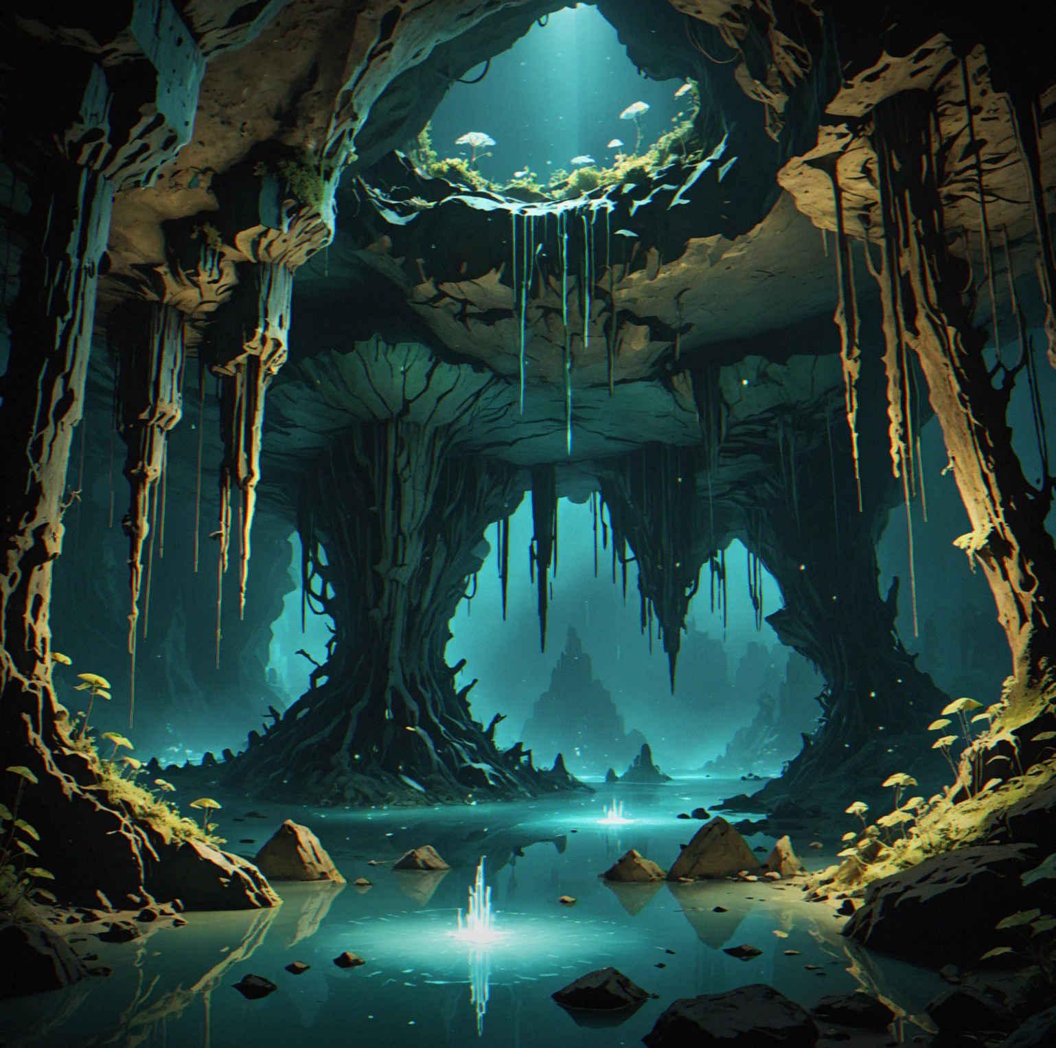 An underground lake surrounded by hanging stalactites. Bioluminescent fungi growing around the edges light up the passages naturally, so you can actually see where you're going. No markers, no objectives on screen.