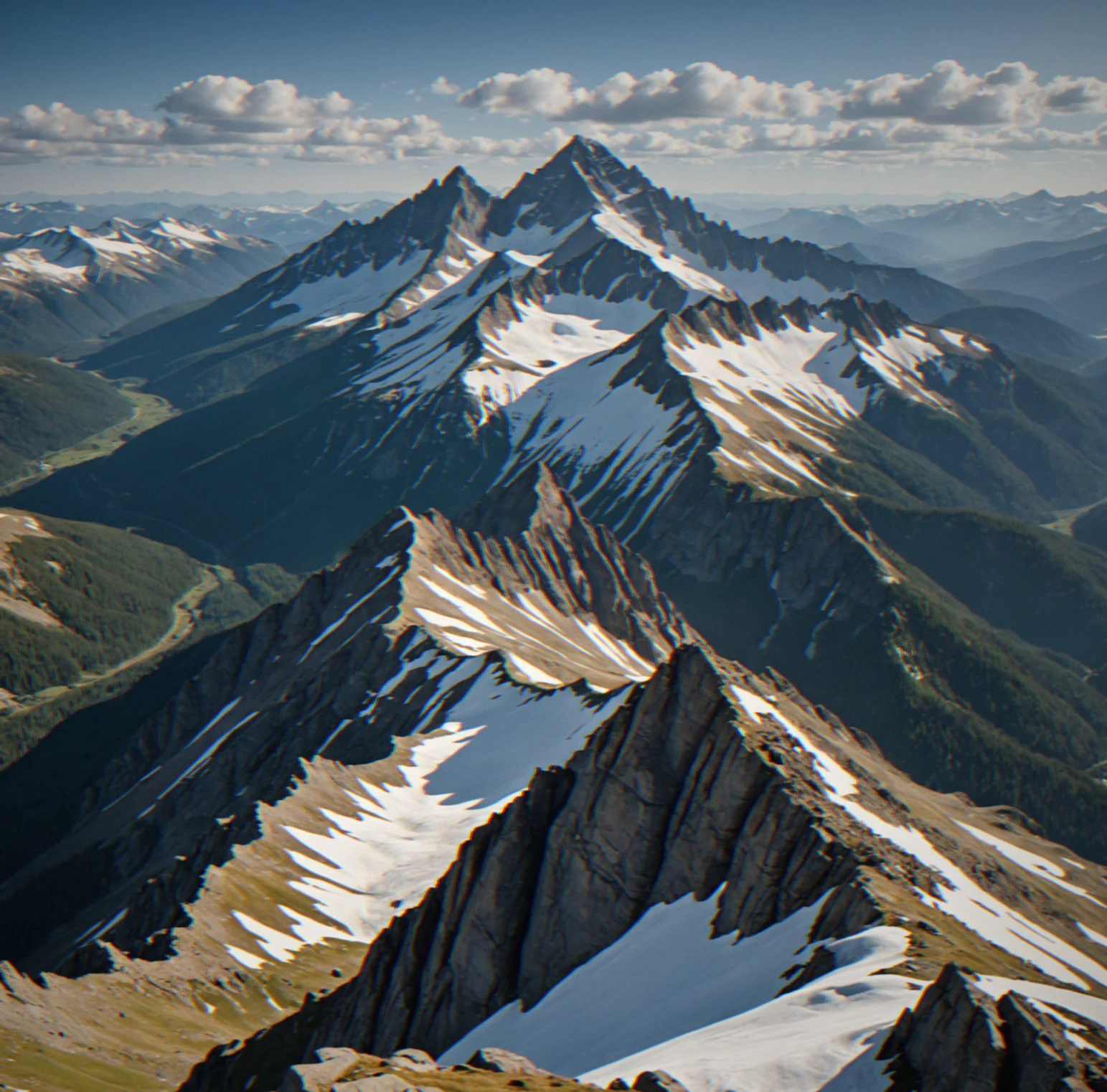 Mountain ridges with snow starting at a clear elevation line. Peaks in the distance give you a sense of how far things stretch out, but there's nothing labeling scale or distance. No navigation overlays.