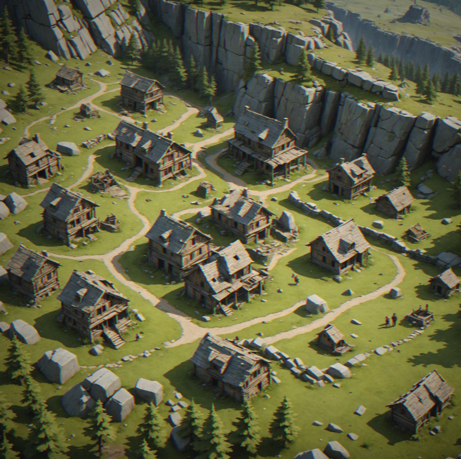 Old ruins scattered down a hillside, broken buildings showing where people once walked and built their homes. The layout hints at what the settlement used to be. Quest logs and instruction prompts? None.