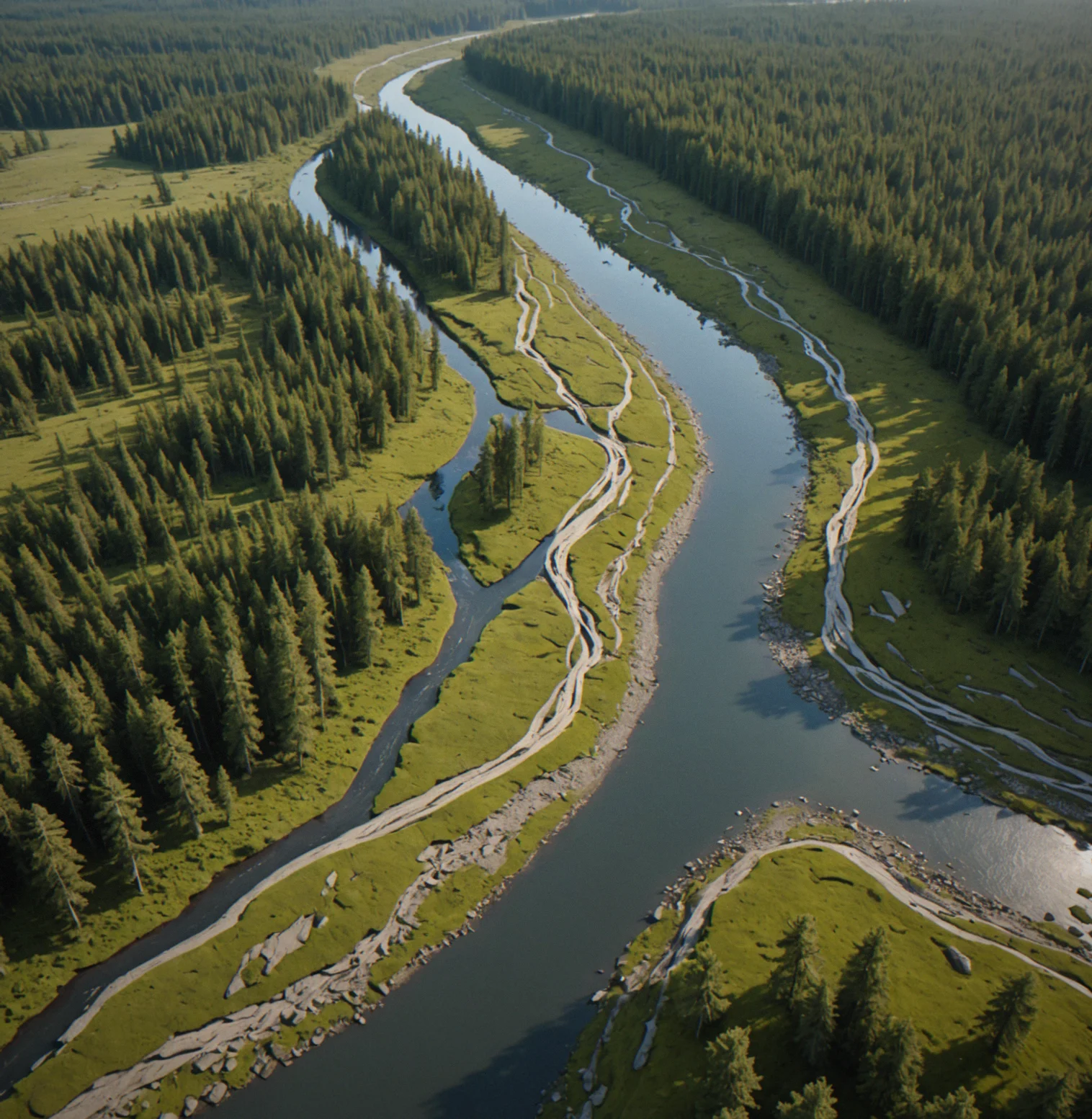 A river delta spreading out across flat ground with multiple braided channels. Trees get denser as the land rises up. Just the landscape—no map overlay, no compass direction.