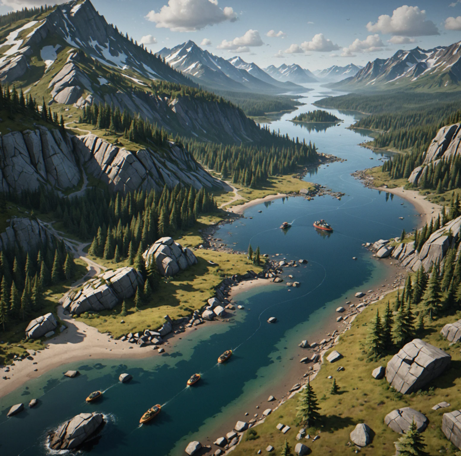 You're looking at multiple ecosystems at once—the tidal zone, forest transition and mountains all visible together. Each terrain type reads clearly just by looking at it. No navigation systems or markers getting in the way.