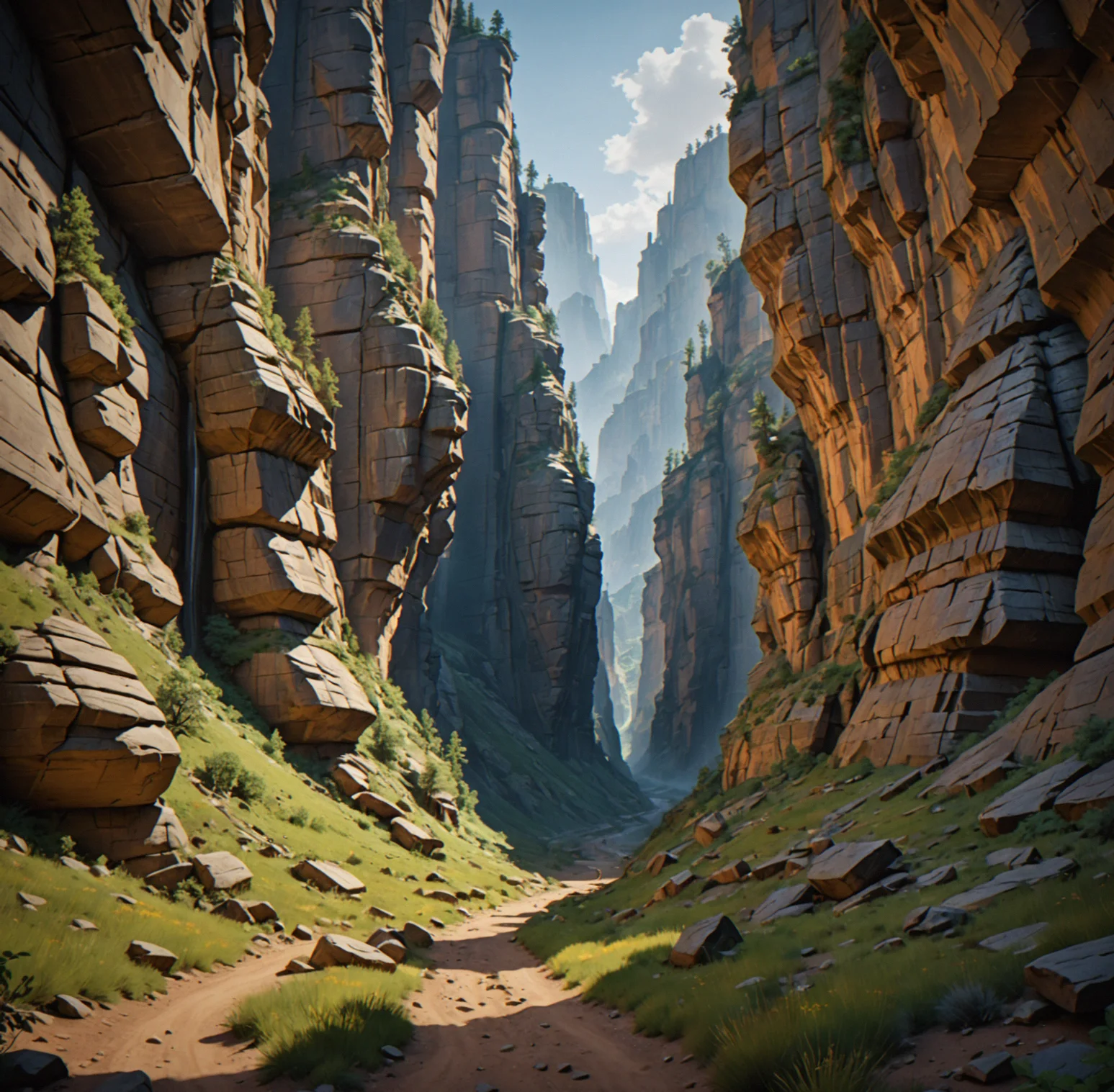A deep canyon carved in layers, with cliff faces at different heights that become landmarks as you move deeper. Stone formations guide your eye naturally. Nothing on the screen telling you where to go.