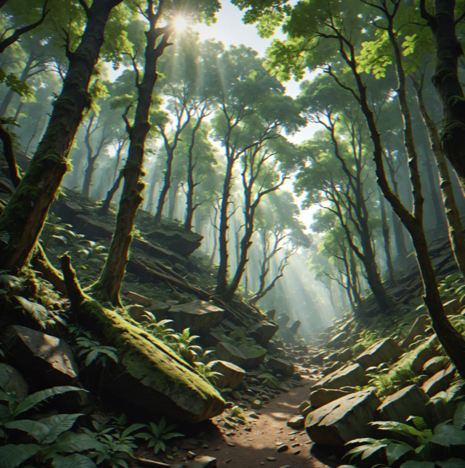 Dense forest canopy with light breaking through in patches. A ravine cuts down beneath all that vegetation, barely visible. You have to look. No markers. No quest indicators.