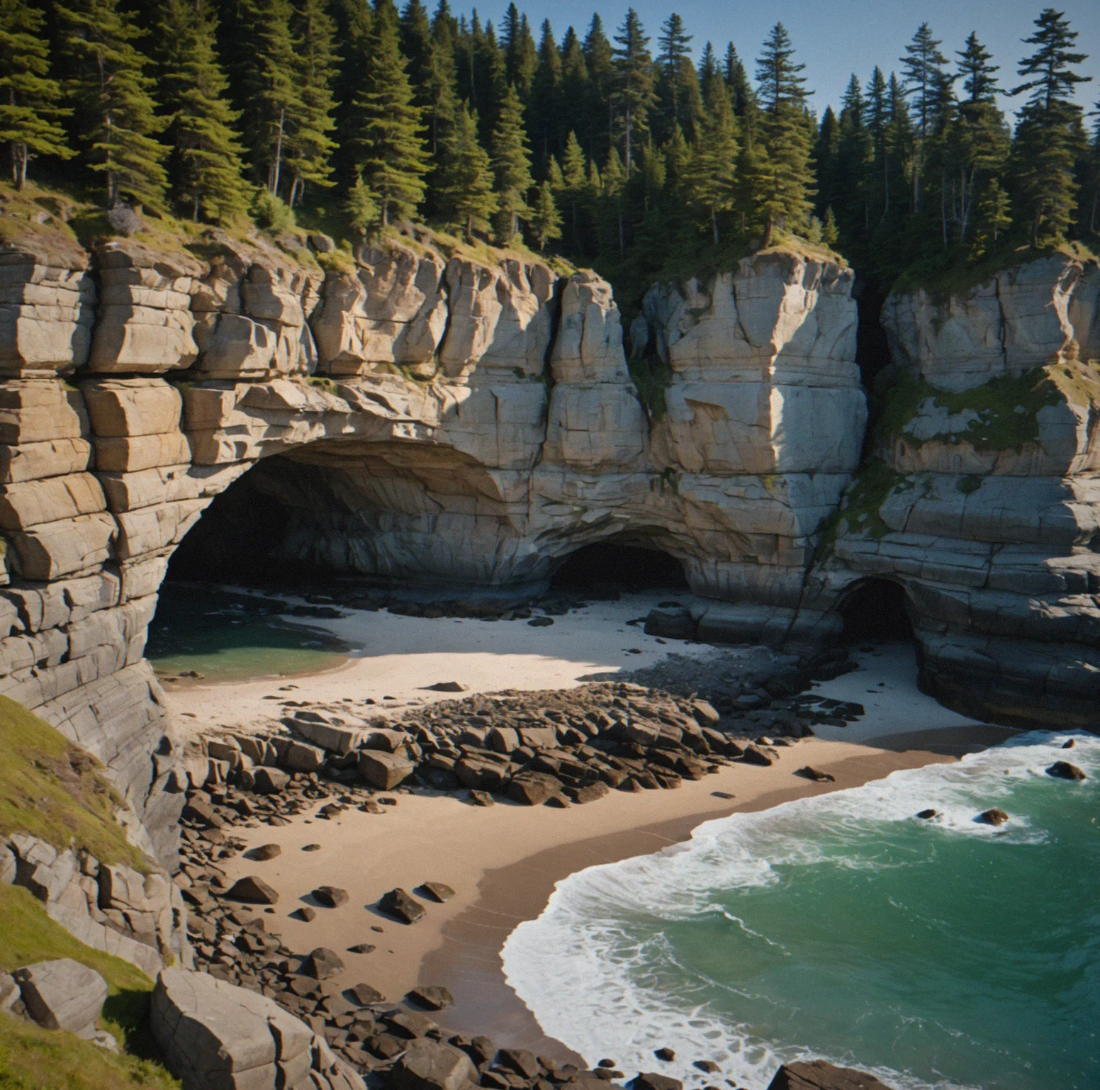 Cliffs drop straight to the water. Waves have carved alcoves and natural arches into the rock face. Tidal pools reflect the different levels. No compass. No waypoint system.