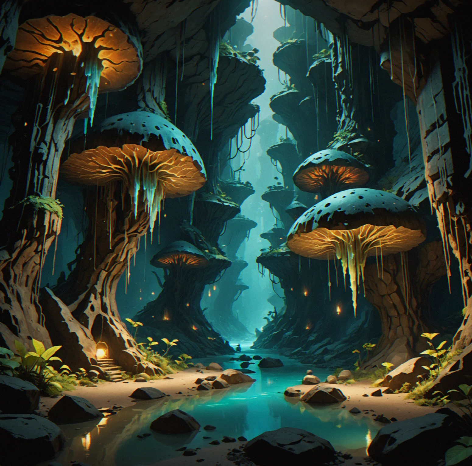 Cavern system underground with stalactites hanging down like natural signposts. Bioluminescent fungi light the passages without being obvious about it. You can count five chamber levels stacked through the natural openings. The screen stays clean.