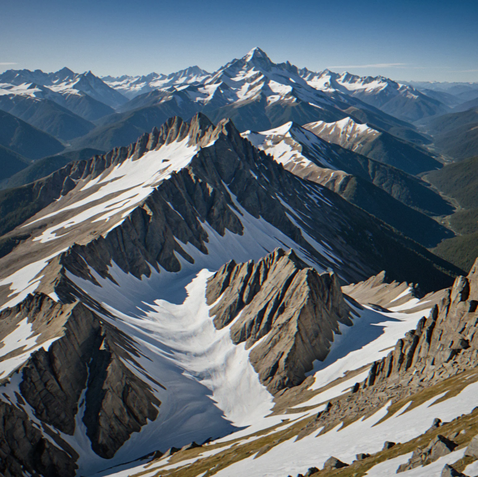 Mountain ridges with snow marking where the elevation gets serious. Distant peaks tell you how far the world extends. Several summits rise up clearly without any scale reference or navigation overlay in the way.