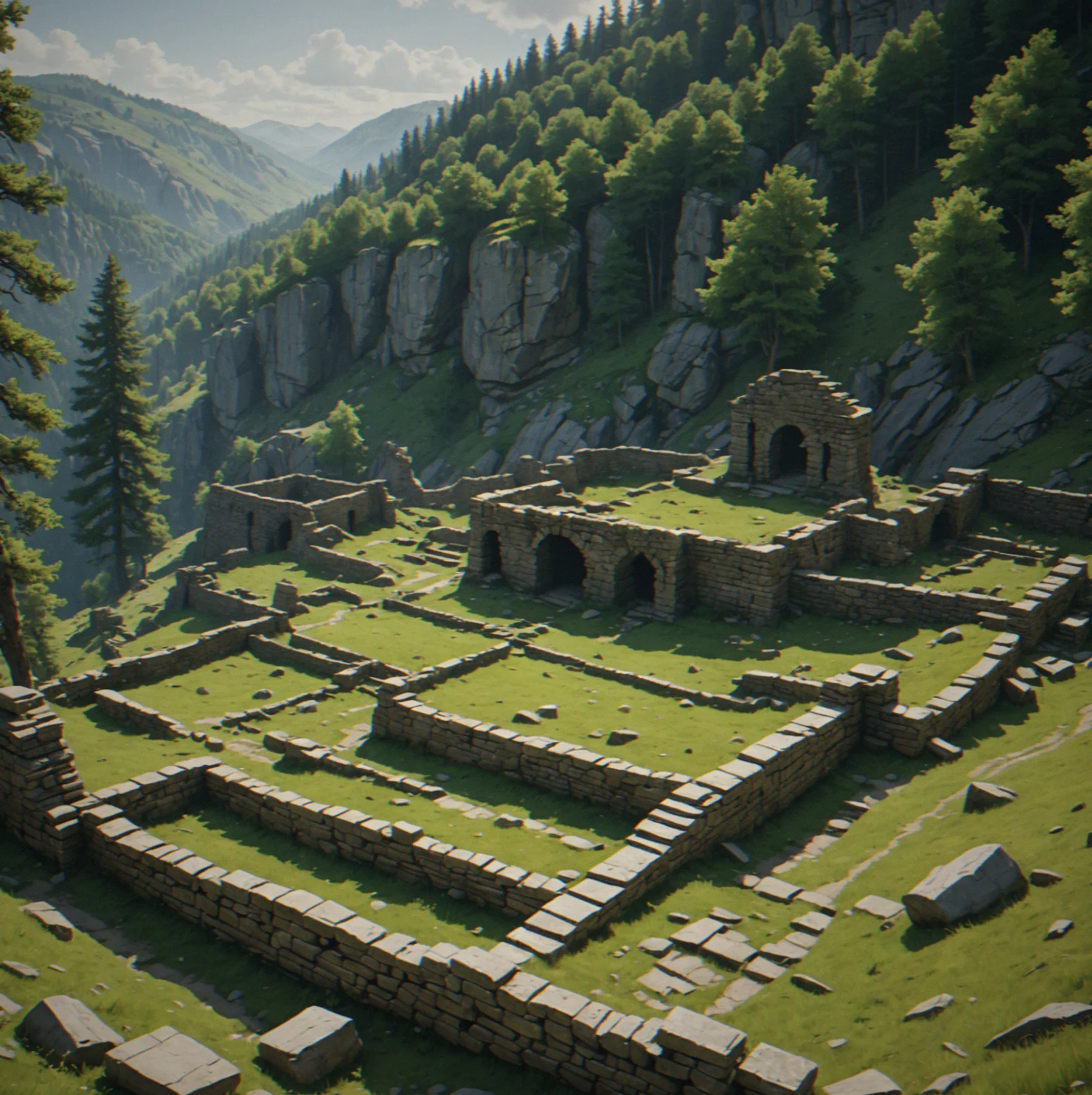 Old ruins scattered across a hillside. Building foundations still visible, arranged in patterns that suggest how people used to move through this place and where they built paths. The screen stays empty. No prompts. No objectives.