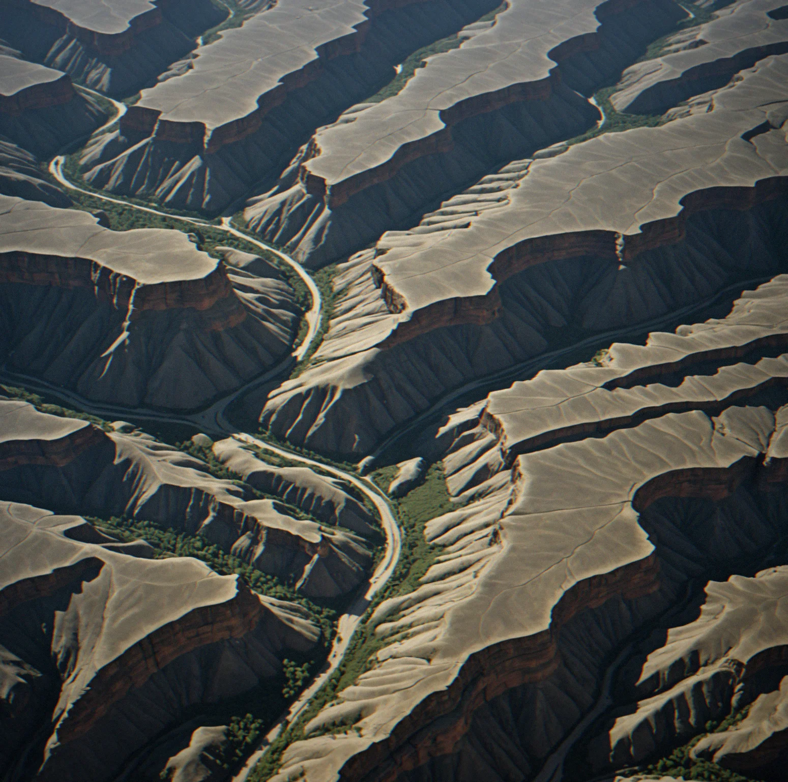Aerial view of a layered canyon system with multiple elevation changes, eroded pathways visible in shadow, no UI elements or icons present