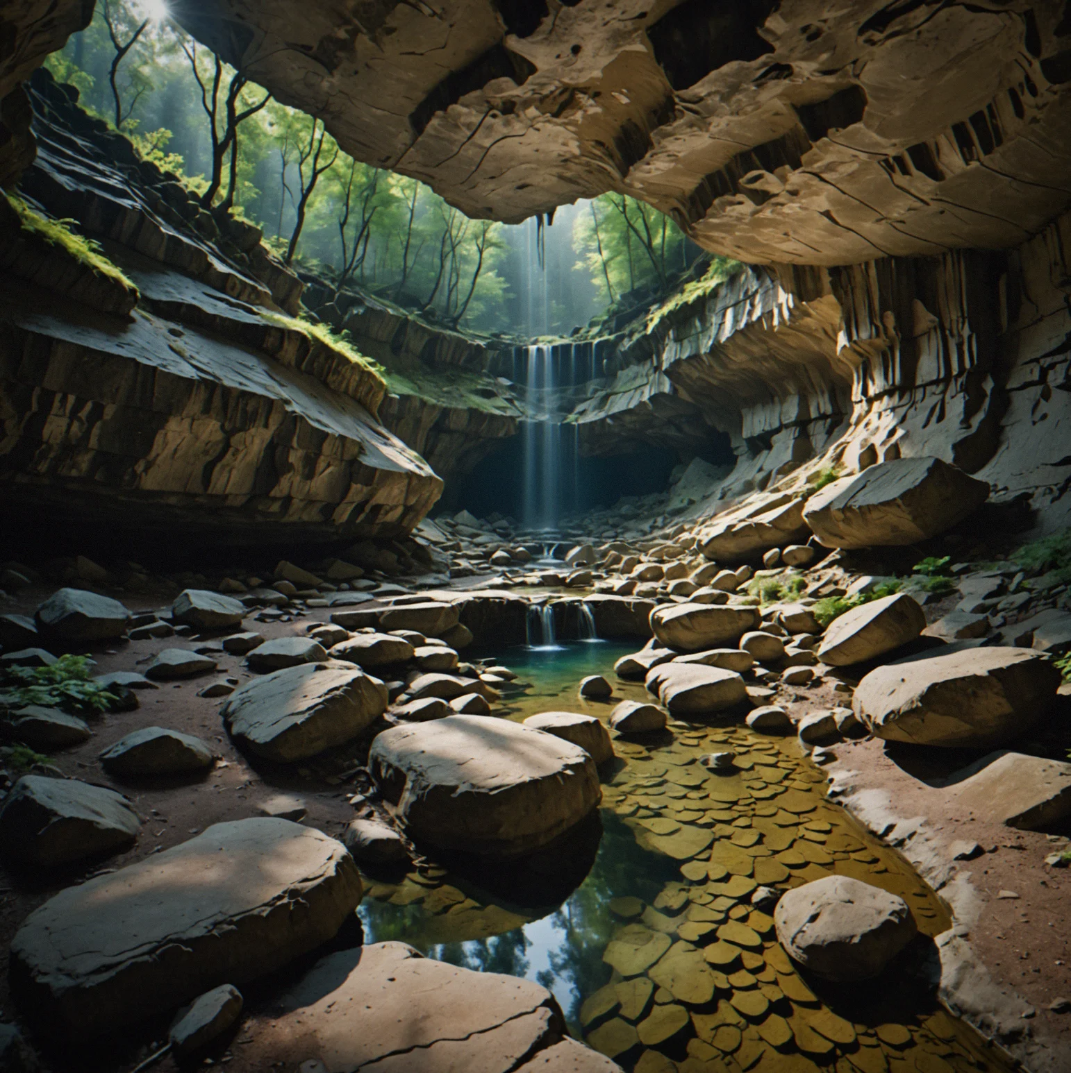 Underground cavern with limestone formations and a natural spring, light source creating distinct shadow patterns on rock surfaces, no minimaap or compass visible