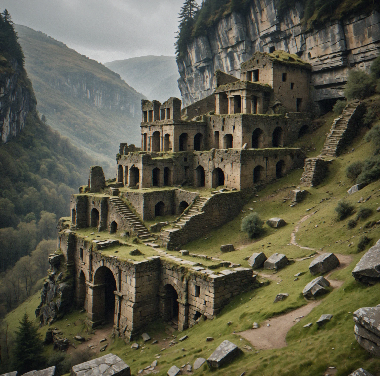 Ancient ruin partially buried in terrain, architectural geometry contrasting with natural landscape, weathering patterns suggesting age and function, zero UI scaffolding