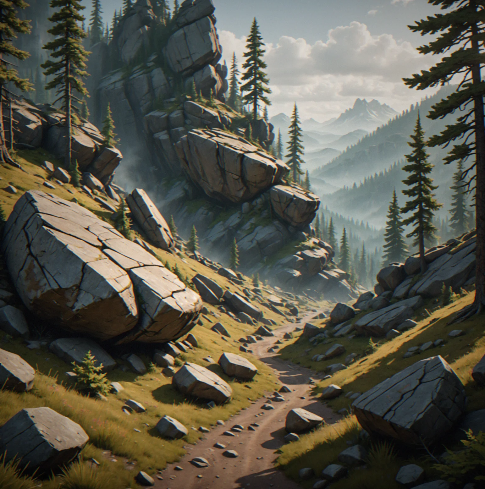 Basin ringed by ridges you can actually use to orient yourself, river cutting through the valley floor to show which way water flows, trees getting denser as elevation drops—the whole thing readable without a compass or waypoint system in the way