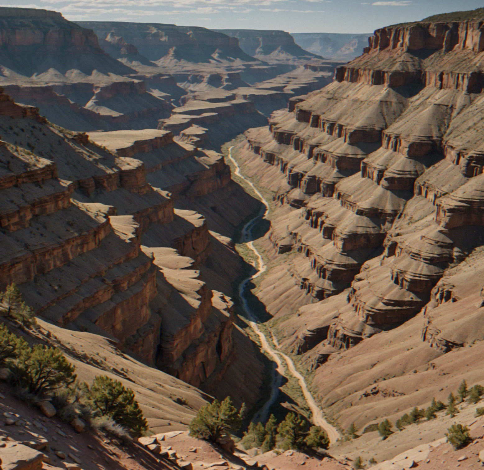 Wide canyon with stacked rock layers and a shadowed path cutting through, nothing on screen exllaining where to go